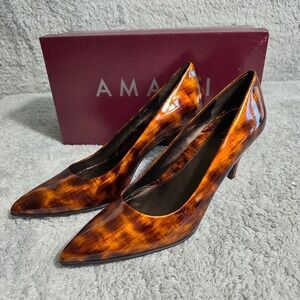 Amalfi Rangoni Tortoise Shell Patent‎ Leather Pointed Toe Heels Pumps 7.5 AA NEW